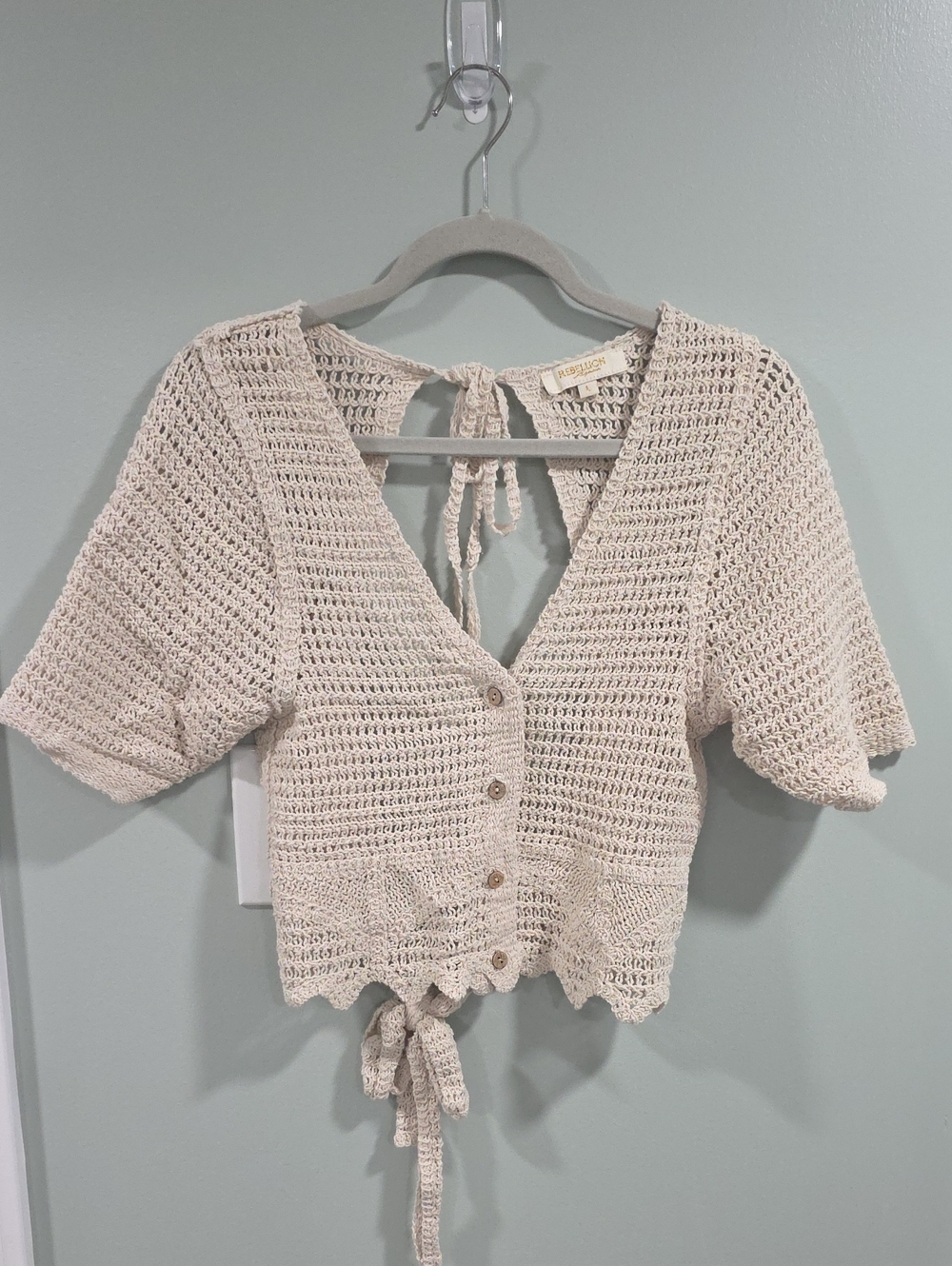 Crochet Button-Front Tie-Back Crop Top in Cream